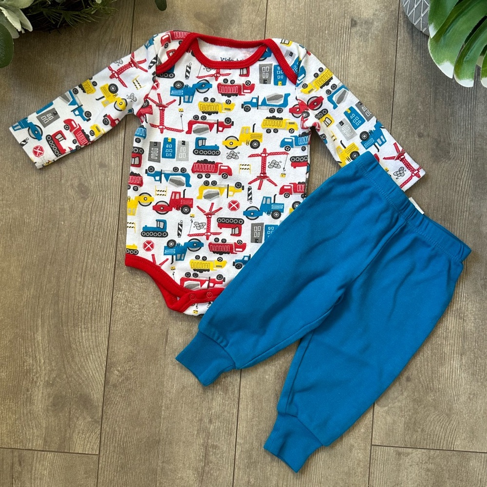 Vintage 90s Kidgets Baby Boy Colorful Outfit Set Vehicles Onesie Blue Pants Set